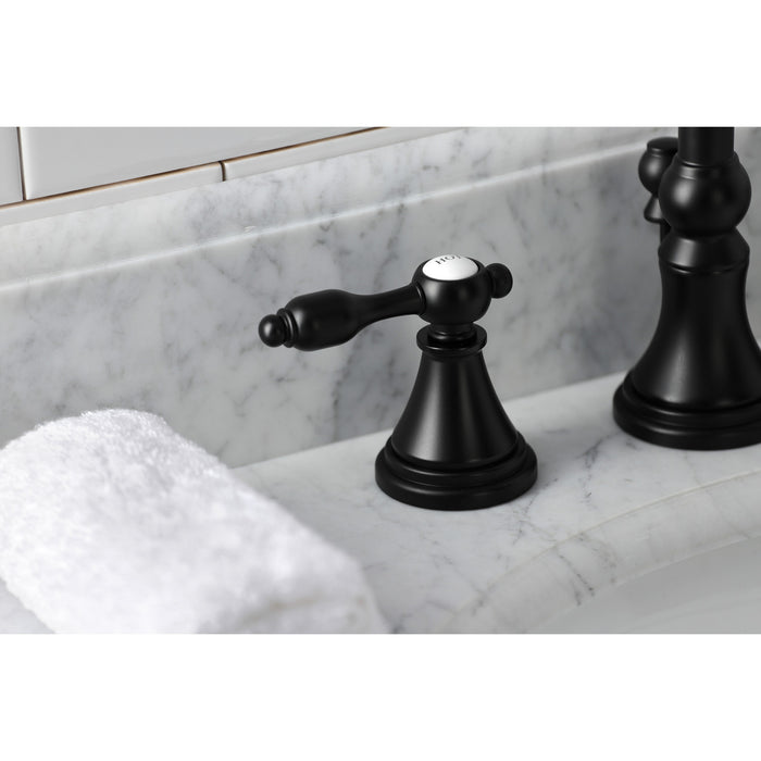 Kingston Tulare KS2980TAL - Tudor Two-Handle 3-Hole Deck Mount Widespread Bathroom Faucet with Brass Pop-Up, Matte Black