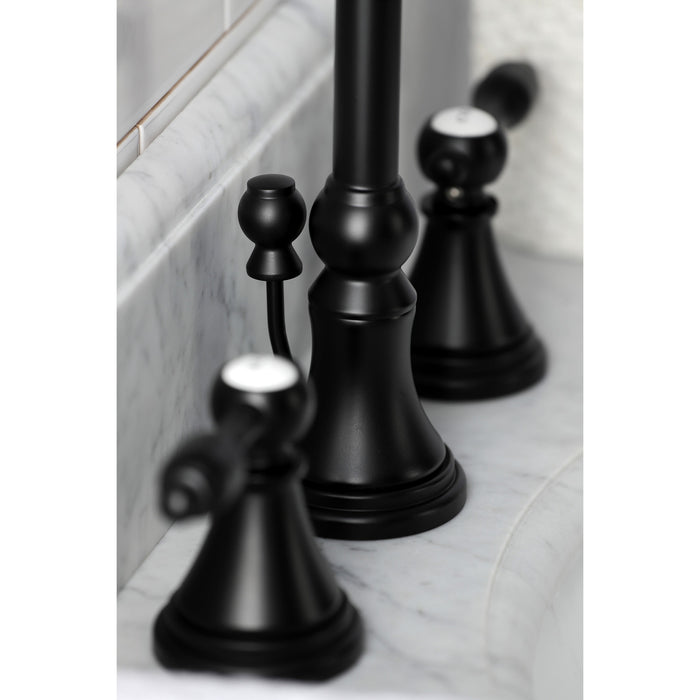 Kingston Tulare KS2980TAL - Tudor Two-Handle 3-Hole Deck Mount Widespread Bathroom Faucet with Brass Pop-Up, Matte Black