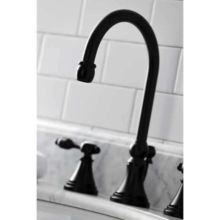 Kingston Tulare KS2980TAL - Tudor Two-Handle 3-Hole Deck Mount Widespread Bathroom Faucet with Brass Pop-Up, Matte Black