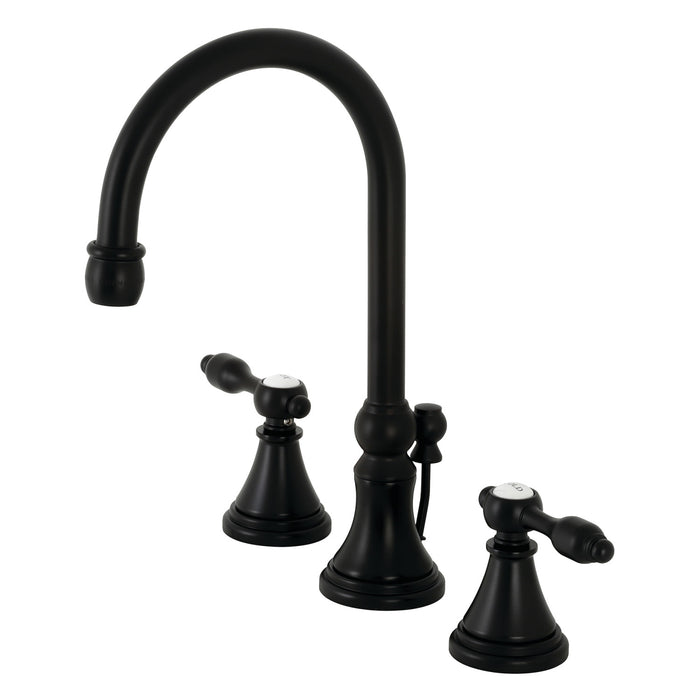Kingston Tulare KS2980TAL - Tudor Two-Handle 3-Hole Deck Mount Widespread Bathroom Faucet with Brass Pop-Up, Matte Black
