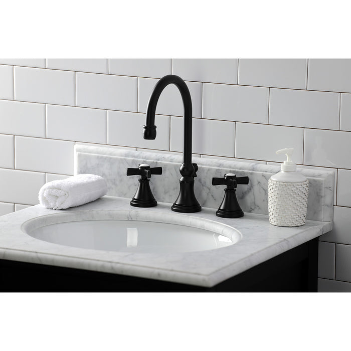 Kingston Tulare KS2980ZX - Millennium Two-Handle 3-Hole Deck Mount Widespread Bathroom Faucet with Brass Pop-Up, Matte Black