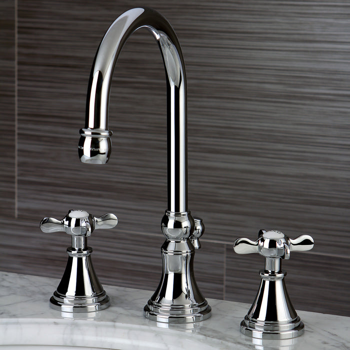 Kingston Tulare KS2981BEX - Essex Two-Handle 3-Hole Deck Mount Widespread Bathroom Faucet with Brass Pop-Up, Polished Chrome