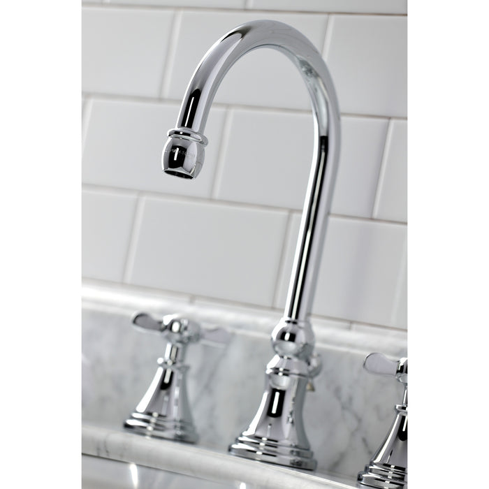 Kingston Tulare KS2981BEX - Essex Two-Handle 3-Hole Deck Mount Widespread Bathroom Faucet with Brass Pop-Up, Polished Chrome