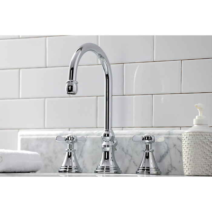 Kingston Tulare KS2981BEX - Essex Two-Handle 3-Hole Deck Mount Widespread Bathroom Faucet with Brass Pop-Up, Polished Chrome