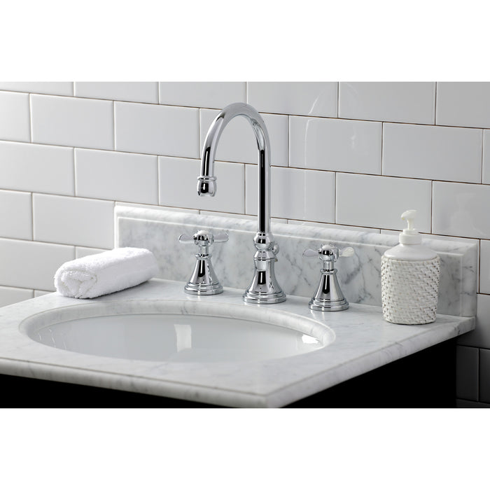 Kingston Tulare KS2981BEX - Essex Two-Handle 3-Hole Deck Mount Widespread Bathroom Faucet with Brass Pop-Up, Polished Chrome