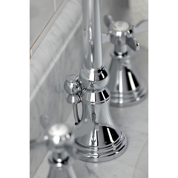 Kingston Tulare KS2981BEX - Essex Two-Handle 3-Hole Deck Mount Widespread Bathroom Faucet with Brass Pop-Up, Polished Chrome