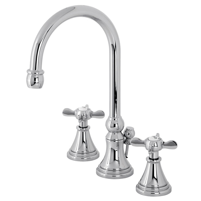 Kingston Tulare KS2981BEX - Essex Two-Handle 3-Hole Deck Mount Widespread Bathroom Faucet with Brass Pop-Up, Polished Chrome