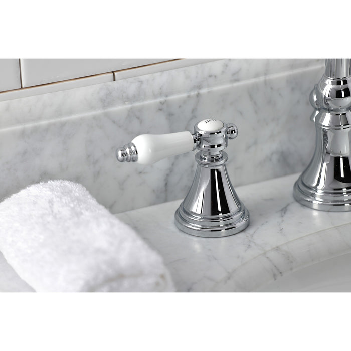 Kingston Tulare KS2981BPL - Bel-Air Two-Handle 3-Hole Deck Mount Widespread Bathroom Faucet with Brass Pop-Up, Polished Chrome