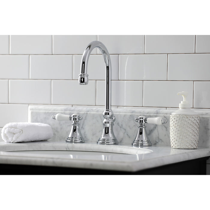 Kingston Tulare KS2981BPL - Bel-Air Two-Handle 3-Hole Deck Mount Widespread Bathroom Faucet with Brass Pop-Up, Polished Chrome