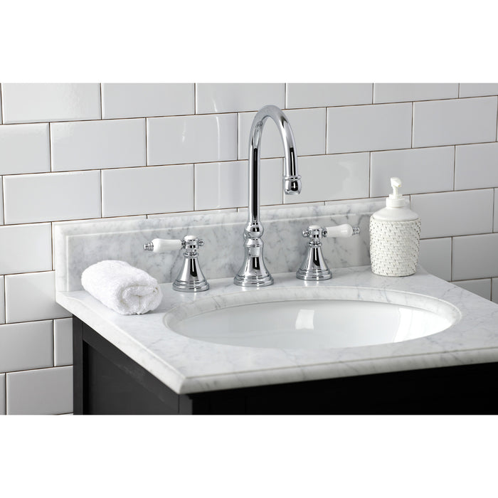 Kingston Tulare KS2981BPL - Bel-Air Two-Handle 3-Hole Deck Mount Widespread Bathroom Faucet with Brass Pop-Up, Polished Chrome