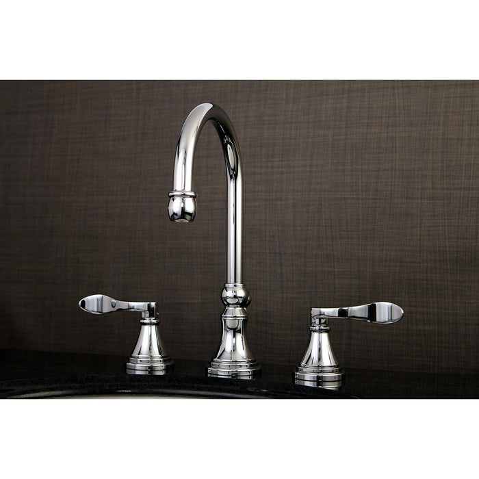 Kingston Tulare KS2981DFL - NuFrench Two-Handle 3-Hole Deck Mount Widespread Bathroom Faucet with Brass Pop-Up, Polished Chrome