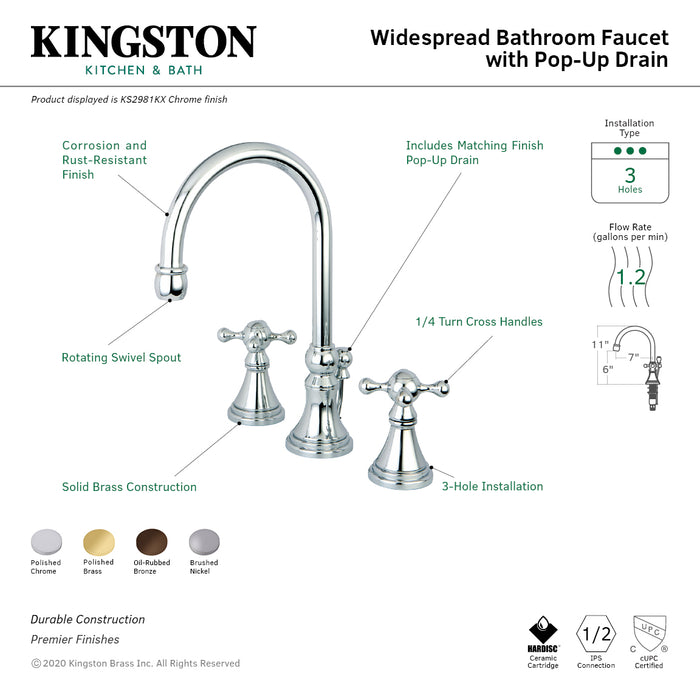 Kingston Tulare KS2981KX - Governor Two-Handle 3-Hole Deck Mount Widespread Bathroom Faucet with Brass Pop-Up, Polished Chrome