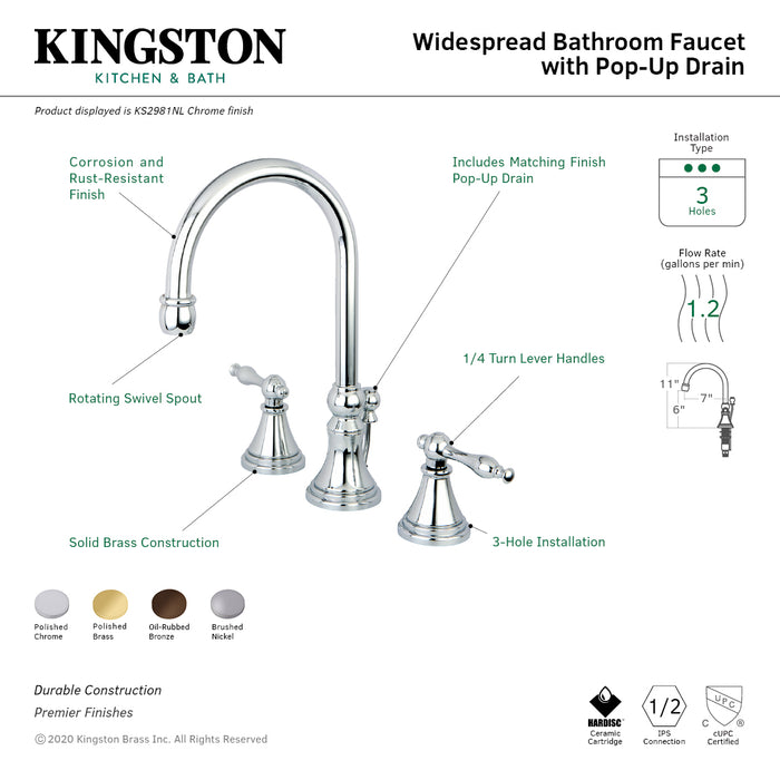 Kingston Tulare KS2981NL - Governor Two-Handle 3-Hole Deck Mount Widespread Bathroom Faucet with Brass Pop-Up, Polished Chrome