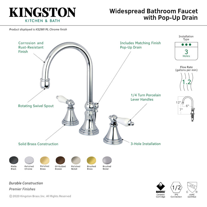Kingston Tulare KS2981PL - Governor Two-Handle 3-Hole Deck Mount Widespread Bathroom Faucet with Brass Pop-Up, Polished Chrome