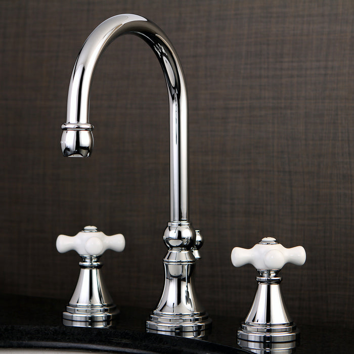 Kingston Tulare KS2981PX - Governor Two-Handle 3-Hole Deck Mount Widespread Bathroom Faucet with Brass Pop-Up, Polished Chrome