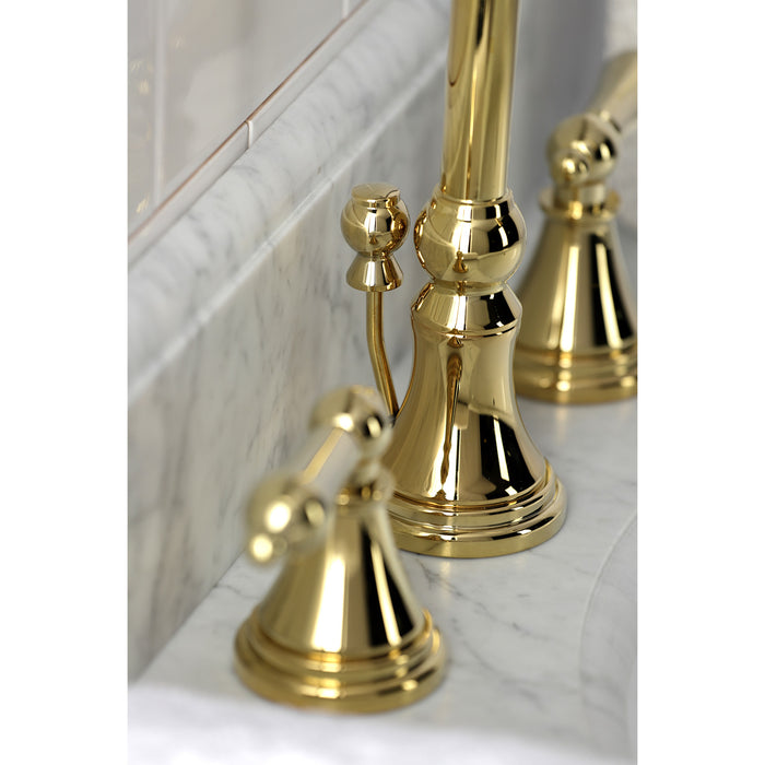 Kingston Tulare KS2982AL - Governor Two-Handle 3-Hole Deck Mount Widespread Bathroom Faucet with Brass Pop-Up, Polished Brass
