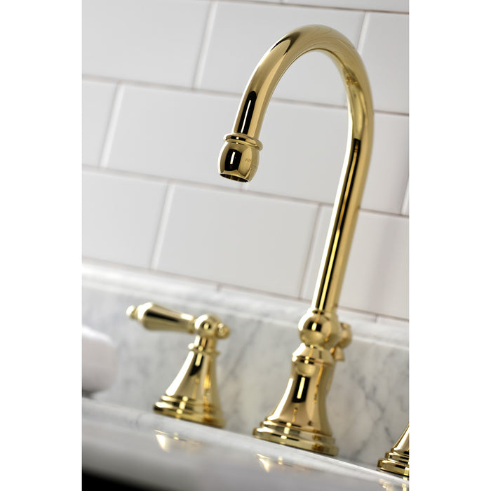 Kingston Tulare KS2982AL - Governor Two-Handle 3-Hole Deck Mount Widespread Bathroom Faucet with Brass Pop-Up, Polished Brass