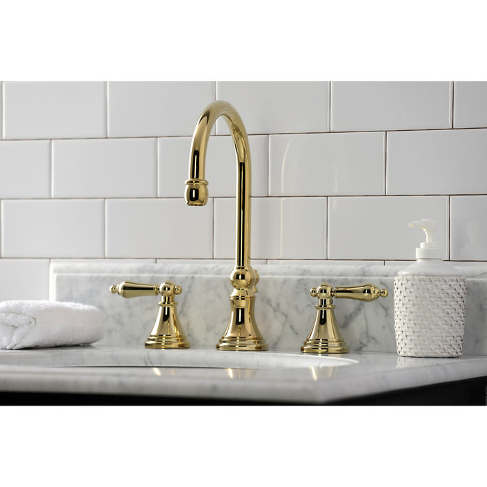 Kingston Tulare KS2982AL - Governor Two-Handle 3-Hole Deck Mount Widespread Bathroom Faucet with Brass Pop-Up, Polished Brass