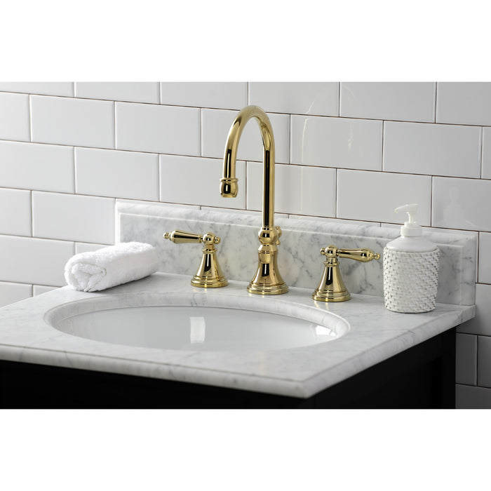 Kingston Tulare KS2982AL - Governor Two-Handle 3-Hole Deck Mount Widespread Bathroom Faucet with Brass Pop-Up, Polished Brass