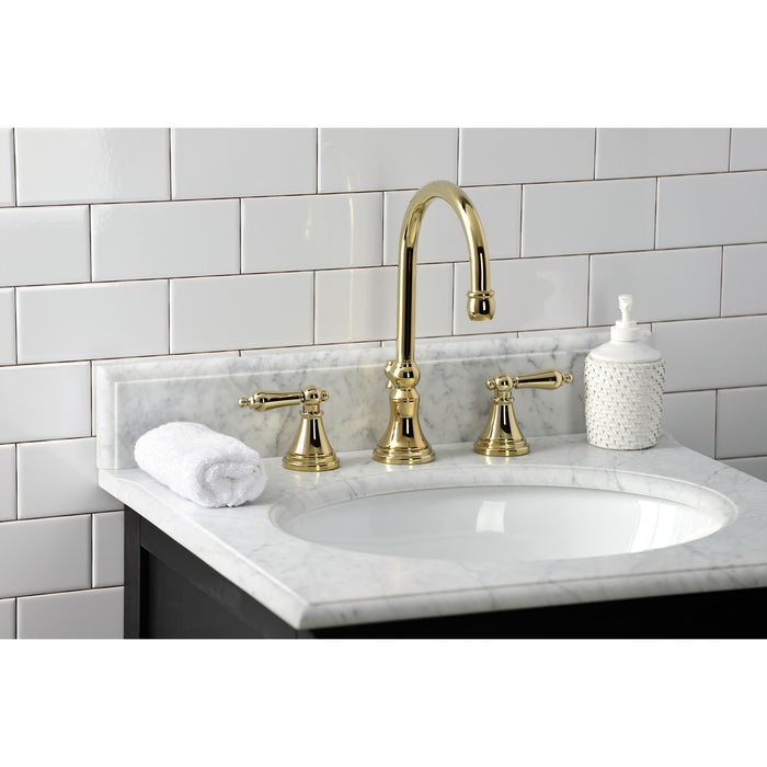 Kingston Tulare KS2982AL - Governor Two-Handle 3-Hole Deck Mount Widespread Bathroom Faucet with Brass Pop-Up, Polished Brass