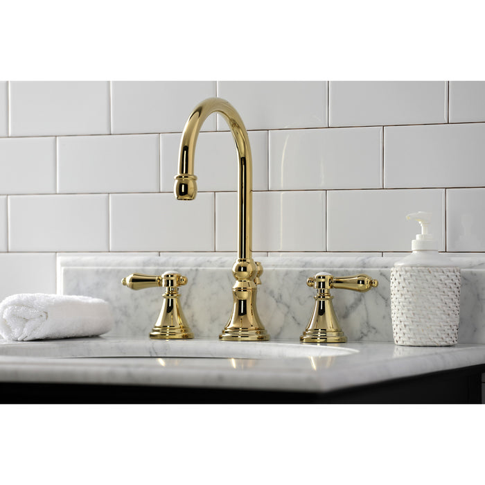 Kingston Tulare KS2982BAL - Heirloom Two-Handle 3-Hole Deck Mount Widespread Bathroom Faucet with Brass Pop-Up, Polished Brass
