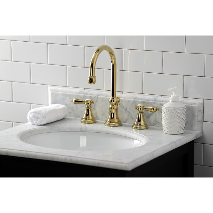Kingston Tulare KS2982BAL - Heirloom Two-Handle 3-Hole Deck Mount Widespread Bathroom Faucet with Brass Pop-Up, Polished Brass