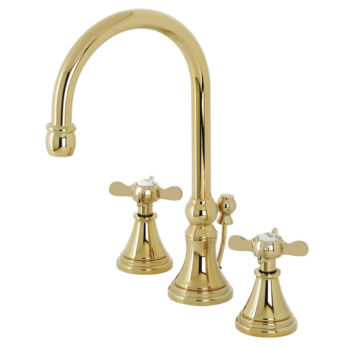 Kingston Tulare KS2982BEX - Essex Two-Handle 3-Hole Deck Mount Widespread Bathroom Faucet with Brass Pop-Up, Polished Brass
