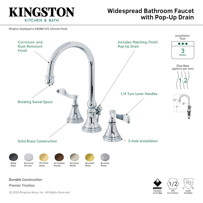 Kingston Tulare KS2982CFL - Century Two-Handle 3-Hole Deck Mount Widespread Bathroom Faucet with Brass Pop-Up, Polished Brass