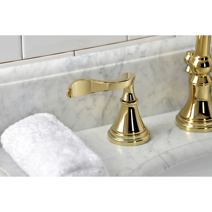 Kingston Tulare KS2982CFL - Century Two-Handle 3-Hole Deck Mount Widespread Bathroom Faucet with Brass Pop-Up, Polished Brass