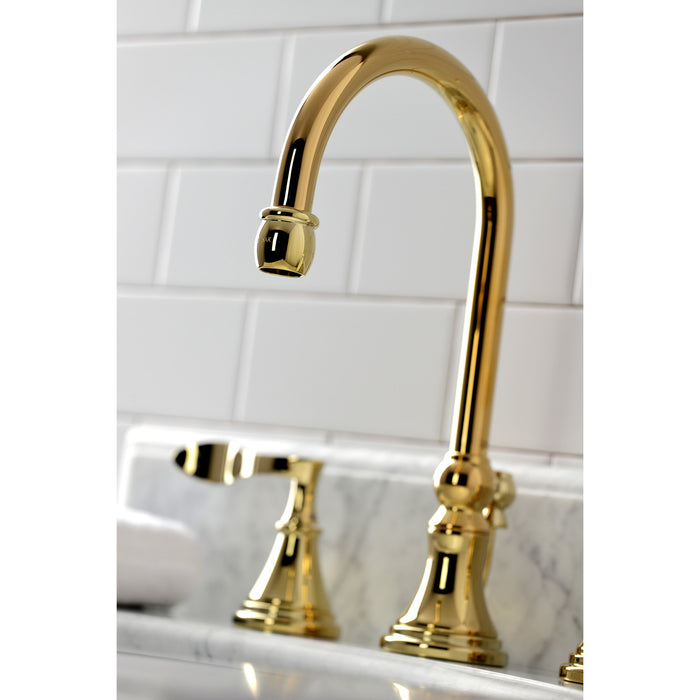 Kingston Tulare KS2982CFL - Century Two-Handle 3-Hole Deck Mount Widespread Bathroom Faucet with Brass Pop-Up, Polished Brass