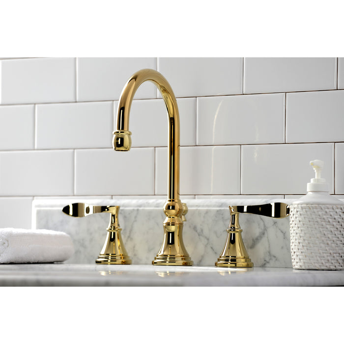 Kingston Tulare KS2982CFL - Century Two-Handle 3-Hole Deck Mount Widespread Bathroom Faucet with Brass Pop-Up, Polished Brass