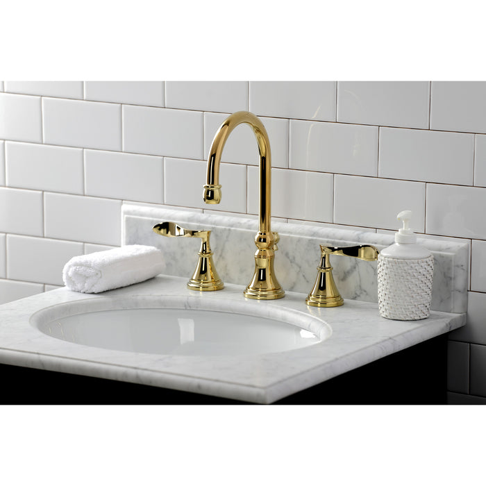 Kingston Tulare KS2982CFL - Century Two-Handle 3-Hole Deck Mount Widespread Bathroom Faucet with Brass Pop-Up, Polished Brass