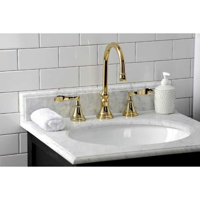 Kingston Tulare KS2982CFL - Century Two-Handle 3-Hole Deck Mount Widespread Bathroom Faucet with Brass Pop-Up, Polished Brass