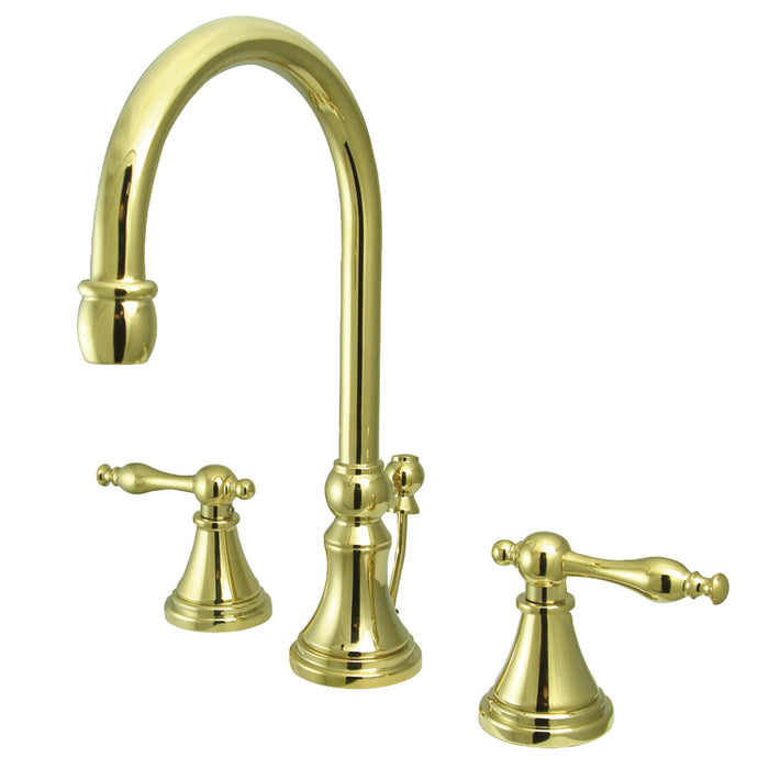 Kingston Tulare KS2982NL - Governor Two-Handle 3-Hole Deck Mount Widespread Bathroom Faucet with Brass Pop-Up, Polished Brass