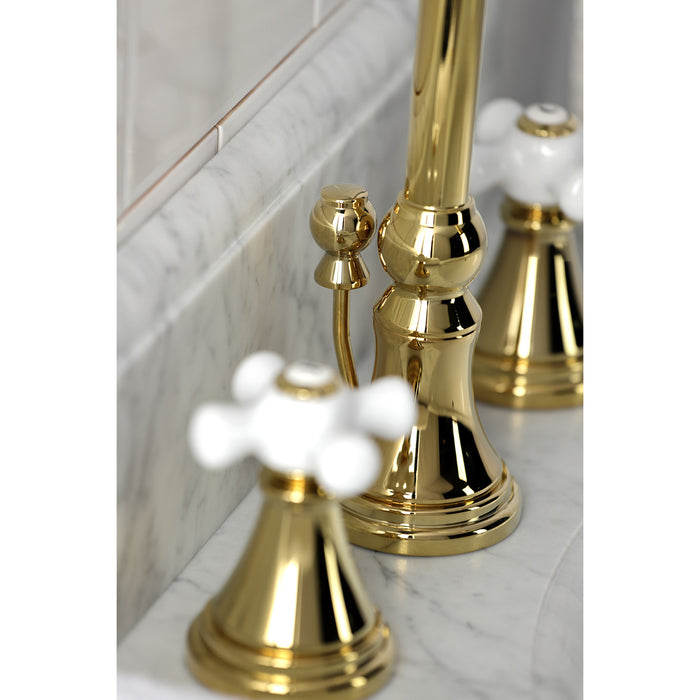 Kingston Tulare KS2982PX - Governor Two-Handle 3-Hole Deck Mount Widespread Bathroom Faucet with Brass Pop-Up, Polished Brass