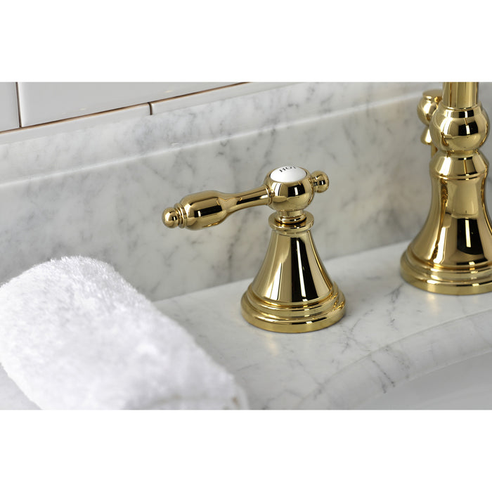Kingston Tulare KS2982TAL - Tudor Two-Handle 3-Hole Deck Mount Widespread Bathroom Faucet with Brass Pop-Up, Polished Brass