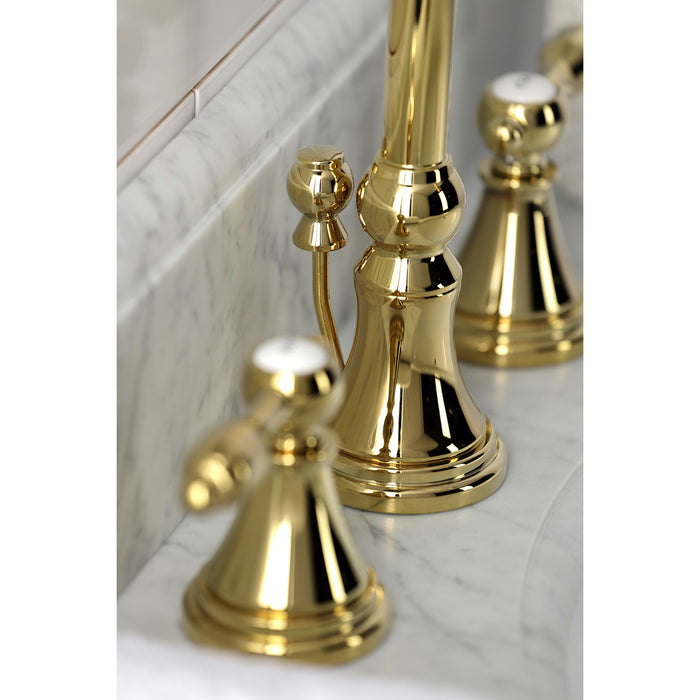 Kingston Tulare KS2982TAL - Tudor Two-Handle 3-Hole Deck Mount Widespread Bathroom Faucet with Brass Pop-Up, Polished Brass