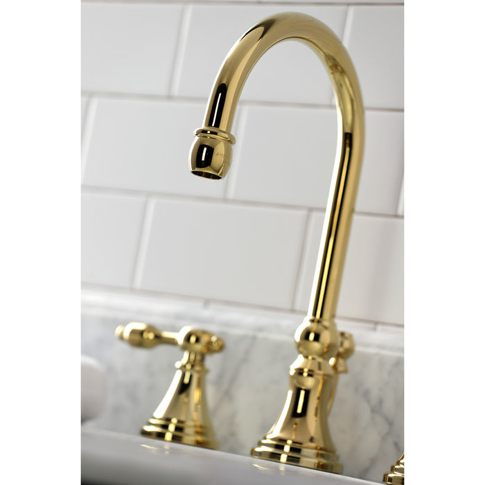 Kingston Tulare KS2982TAL - Tudor Two-Handle 3-Hole Deck Mount Widespread Bathroom Faucet with Brass Pop-Up, Polished Brass