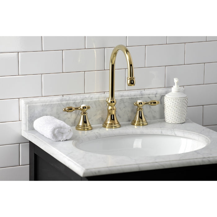 Kingston Tulare KS2982TAL - Tudor Two-Handle 3-Hole Deck Mount Widespread Bathroom Faucet with Brass Pop-Up, Polished Brass