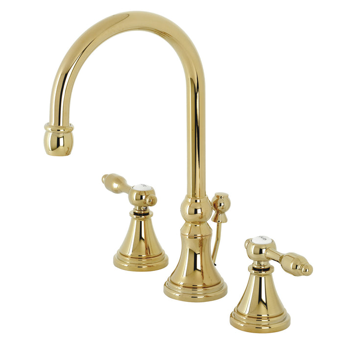 Kingston Tulare KS2982TAL - Tudor Two-Handle 3-Hole Deck Mount Widespread Bathroom Faucet with Brass Pop-Up, Polished Brass