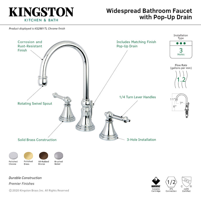 Kingston Tulare KS2982TL - Templeton Two-Handle 3-Hole Deck Mount Widespread Bathroom Faucet with Brass Pop-Up, Polished Brass