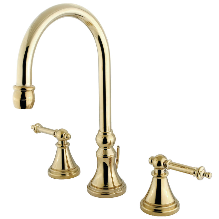 Kingston Tulare KS2982TL - Templeton Two-Handle 3-Hole Deck Mount Widespread Bathroom Faucet with Brass Pop-Up, Polished Brass