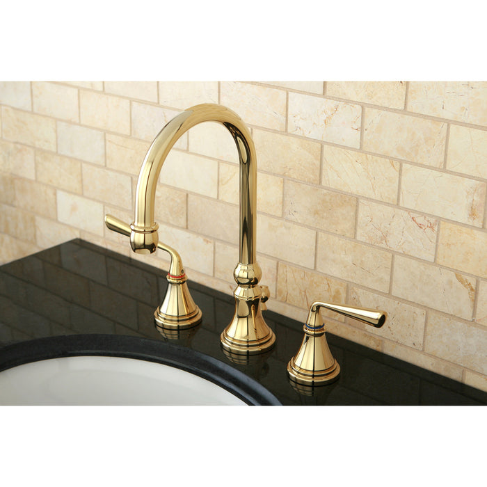 Kingston Tulare KS2982ZL - Silver Sage Two-Handle 3-Hole Deck Mount Widespread Bathroom Faucet with Brass Pop-Up, Polished Brass