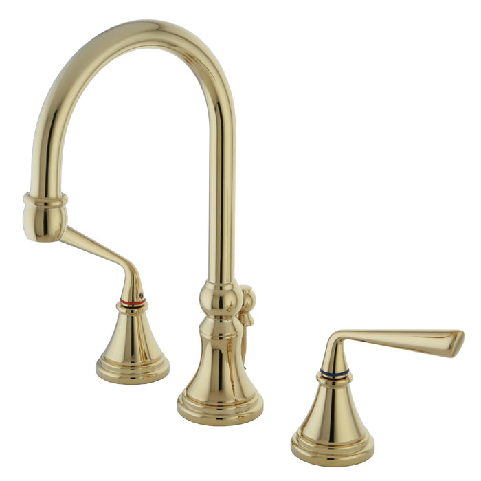 Kingston Tulare KS2982ZL - Silver Sage Two-Handle 3-Hole Deck Mount Widespread Bathroom Faucet with Brass Pop-Up, Polished Brass