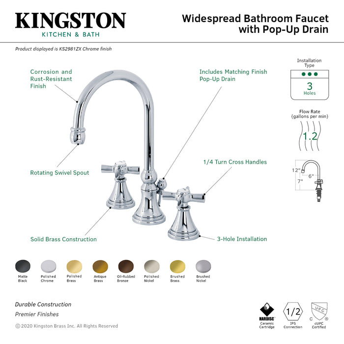 Kingston Tulare KS2982ZX - Millennium Two-Handle 3-Hole Deck Mount Widespread Bathroom Faucet with Brass Pop-Up, Polished Brass