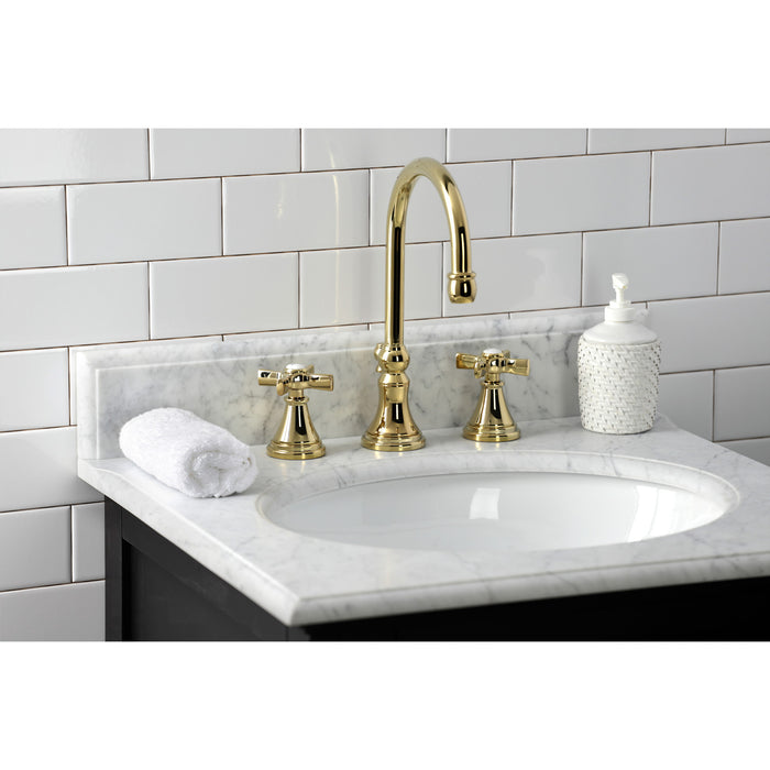 Kingston Tulare KS2982ZX - Millennium Two-Handle 3-Hole Deck Mount Widespread Bathroom Faucet with Brass Pop-Up, Polished Brass