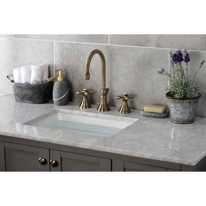 Kingston Tulare KS2983AX - Governor Two-Handle 3-Hole Deck Mount Widespread Bathroom Faucet with Brass Pop-Up, Antique Brass