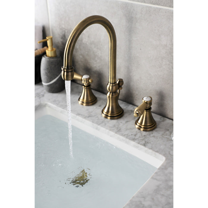 Kingston Tulare KS2983BAL - Heirloom Two-Handle 3-Hole Deck Mount Widespread Bathroom Faucet with Brass Pop-Up, Antique Brass