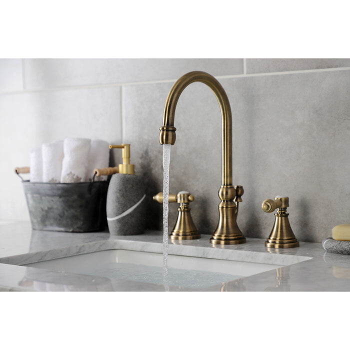 Kingston Tulare KS2983BAL - Heirloom Two-Handle 3-Hole Deck Mount Widespread Bathroom Faucet with Brass Pop-Up, Antique Brass