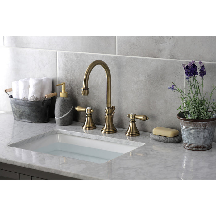 Kingston Tulare KS2983BAL - Heirloom Two-Handle 3-Hole Deck Mount Widespread Bathroom Faucet with Brass Pop-Up, Antique Brass